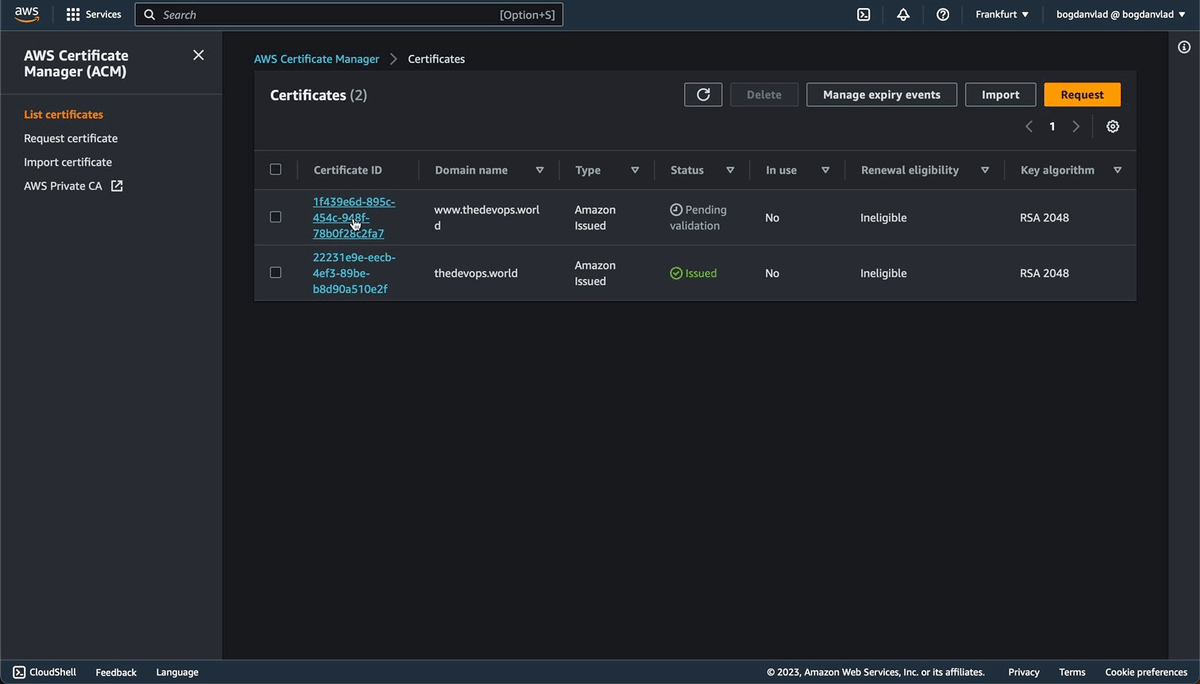 AWS Certificate Manager validation